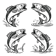 Four Black and White Illustrations of Jumping Fish with Water Splashes
