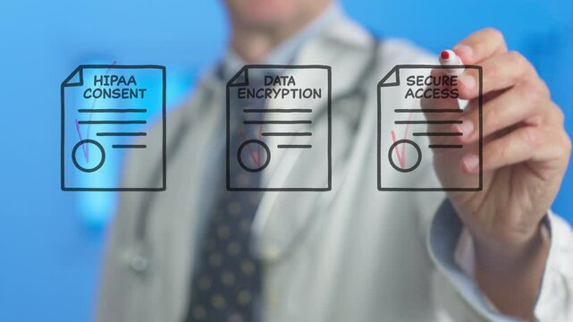 Healthcare worker in white coat managing digital patient privacy documents through transparent interface with hipaa compliance forms and security protocols