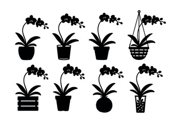 Orchid pot silhouettes icons set – hanging, basket, bloom, ceramic, wooden, round, decorative, plant. Vector icons set