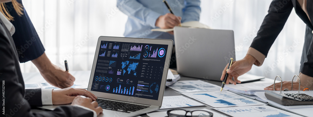 Poster business intelligence and data analysis concept. analyst team working on financial data analysis das