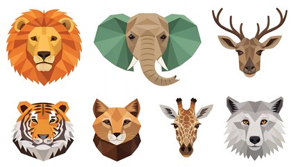 Fototapeta premium Geometric vector art pack of lions tigers elephants and foxes in bold colors