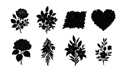 Elegant funeral floral icons set – rose, lily, heart, leaves, wreath. Vector icons set