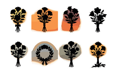 Funeral flower silhouette icons set – bouquets, wreath, mourning, sunset, elegant, remembrance. Vector icons set
