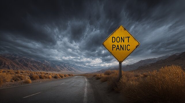 Don't Panic Road Sign Scenic Desert Landscape Dramatic Sky Mountain Road Travel Journey