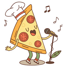 Cartoon Pizza Slice Chef Singing into Microphone Vector Art