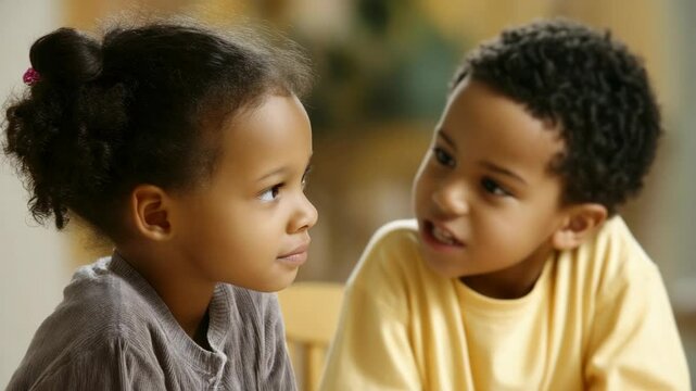 Two young African American children facing each other while talking indoors, wearing casual clothing and with blurred background