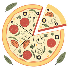 Flat Design Pizza Illustration with Mixed Toppings and Cut Slice