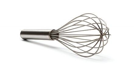 Stainless steel whisk against white background