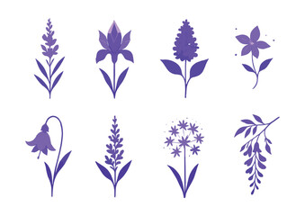 Enchanted fantasy flower silhouettes – lavender, orchid, bellflower, daisy, lilac, blossom, leaf, petal. Vector icons set