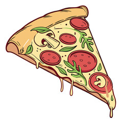 Melting Cheese Pepperoni Pizza Slice Vector – Delicious Cartoon Food Art with Mushrooms and Fresh Herbs