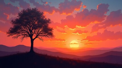 Fototapeta premium Solitude in Twilight: The Lonely Tree's Sunset Embrace