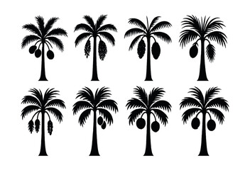 Fototapeta premium Tropical palm silhouette icons set – coconut, fan, date, windmill, sago, bismarck, sugar, areca. Vector icons set