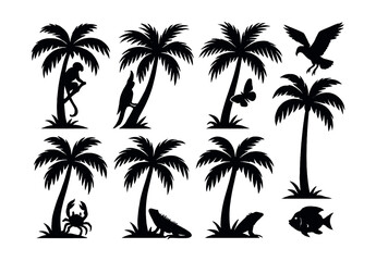 Tropical wildlife silhouettes icon set – palm, monkey, bird, butterfly, crab, lizard, fish. Vector icons set