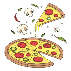 Whole Pizza and Melting Slice Vector – Delicious Cartoon Pepperoni Pizza with Mushrooms and Fresh Toppings