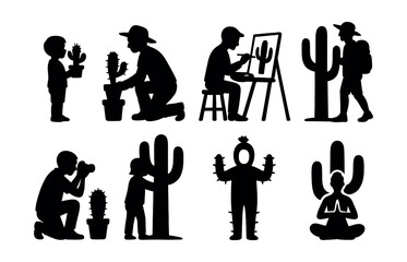 Cactus activity icons set – gardening, art, photography, meditation, exploration, interaction. Vector icons set