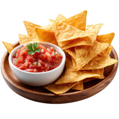 Chips and salsa on a wooden plate on transparent background