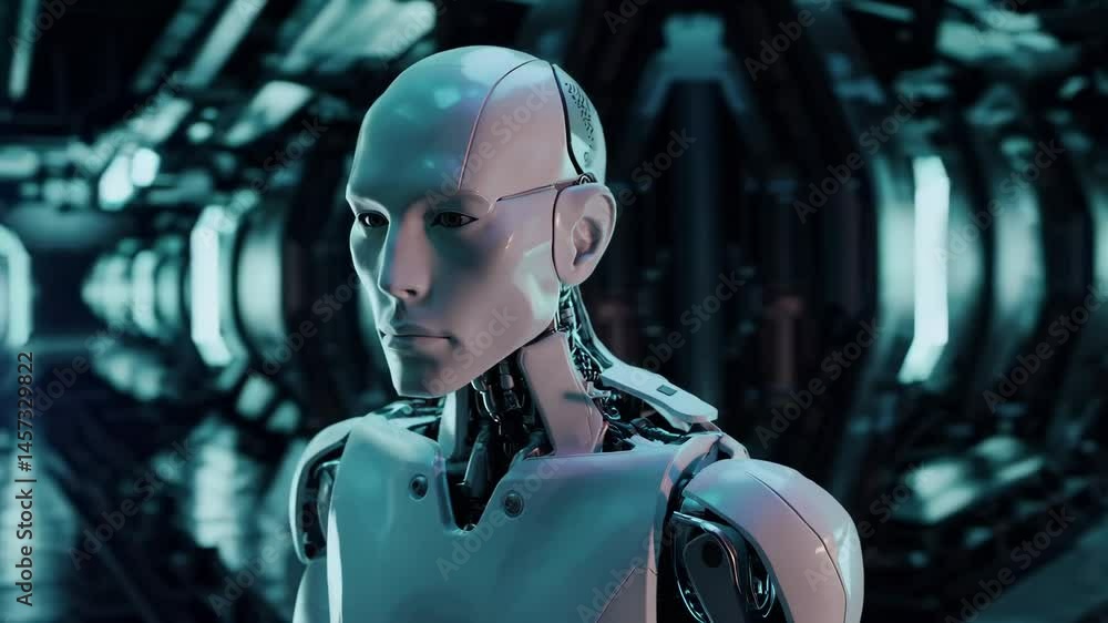 Aufkleber futuristic robot exploring scifi corridor in hightech environment