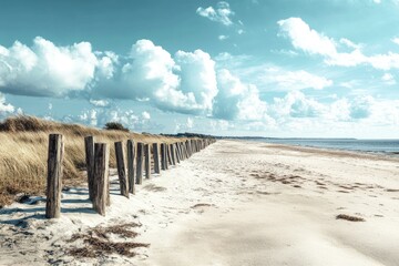 A vast sandy beach stretches towards a horizon, lined by weathered wooden posts.  Fluffy white clouds drift across a vibrant blue sky, casting soft light on the scene.  
