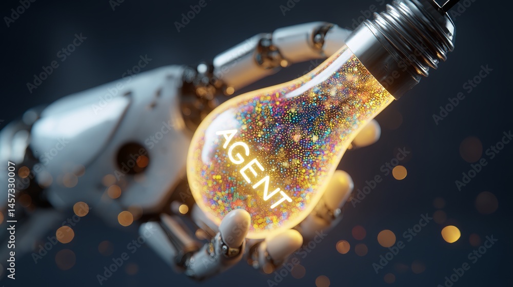 Poster robotic hand holding illuminated lightbulb with agent word inside representing ai innovation and tec