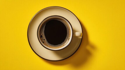 A 4K photo of top view of a full cup of coffee on a yellow background.