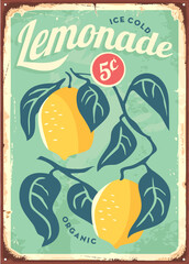 Ice cold lemonade retro sign with lemon tree branch. Fresh lemons vintage poster design. Fruits and drinks vector illustration.