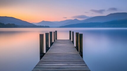 Fototapeta premium A wooden pier extends into a tranquil lake during sunrise