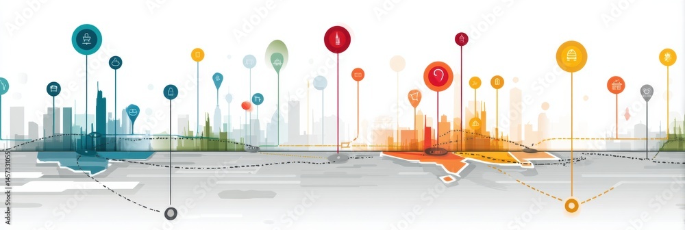 Poster Stylized Map Path Showing Connections Between Cities With Pins and Dotted Lines in Vibrant Colors Generative AI