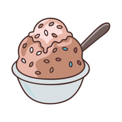 Delicious ice cream dessert illustration with sprinkles in a bowl with spoon sweet treat food