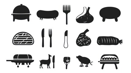 Silhouetted collection of food and eating utensils, culinary essentials