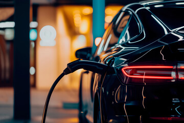  Electric car parked at the charging station of an elegant shopping mall at .  Electric Car Ecology Concept.