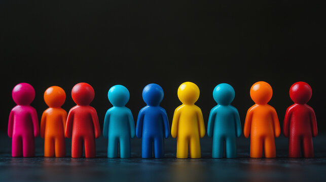 Employee onboarding process. Row of toy plastic faceless workers. The concept of human resources, first day at work, team introduction, corporate culture. Newcomer stands out leadership qualities