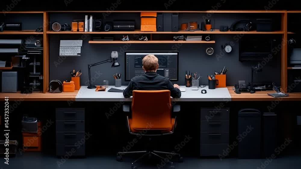Poster modern workspace with orange accents featuring person working on a computer surrounded by organized 