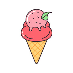 Delicious strawberry ice cream cone with leaf illustration sweet dessert summer treat food design