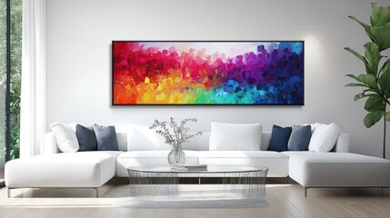 A colorful abstract painting hangs above a modern white sofa