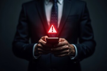 Businessman holding smartphone receiving mobile notification warning with alert icon appearing