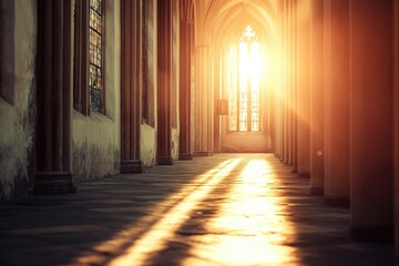 Sunlight streams through stained glass window in ancient cathedral aisle.  Sunlight casts long shadows on the aged stone floor and walls.  Columns line the nave