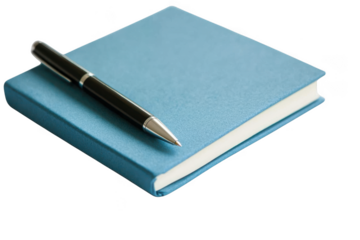 Blue notebook with pen lying on top on transparent background