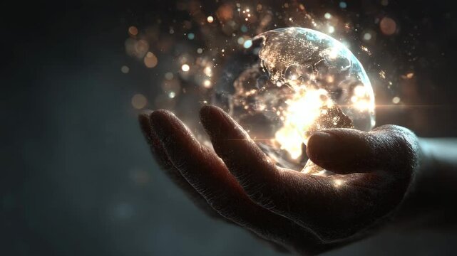 A glowing digital earth rests gently in a hand, sparkling particles surround it against a dark background. The image evokes a sense of care and global connection.