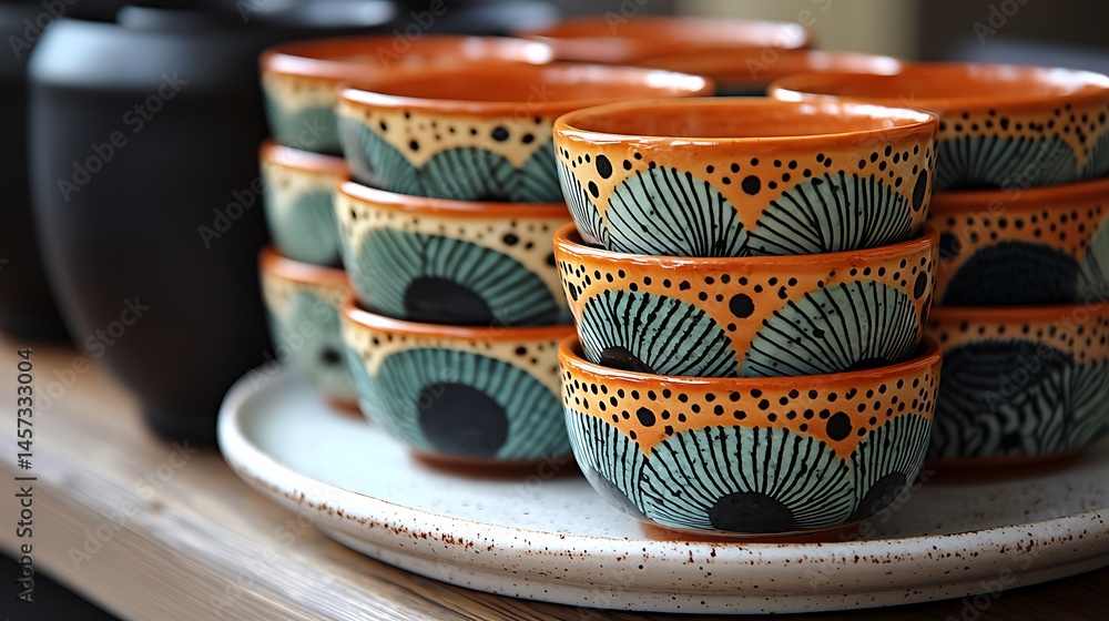 Poster stacked ceramic bowls with intricate patterns displayed on a wooden shelf in a cozy setting