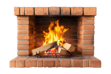 Burning fireplace with brick surround on transparent background
