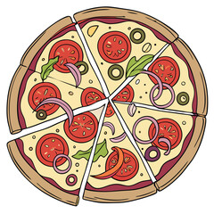 Vegetarian Pizza Vector – Colorful Tomato Basil Pizza Slice Illustration with Onions, Arugula, Olives, and Fresh Toppings