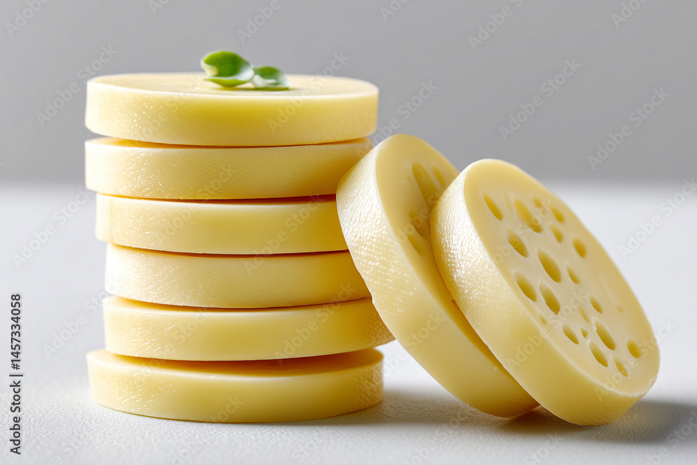 Aufkleber provolone cheese circles stack neatly in a minimalist style on white surface. clean simplicity enhan