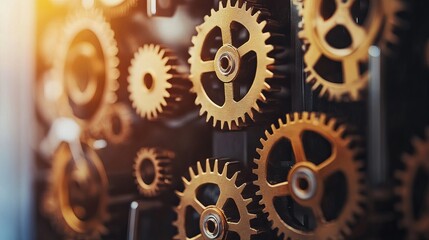 Closeup detailed golden gear wheels interlocking precisely mechanism art cogs dark work gears metal