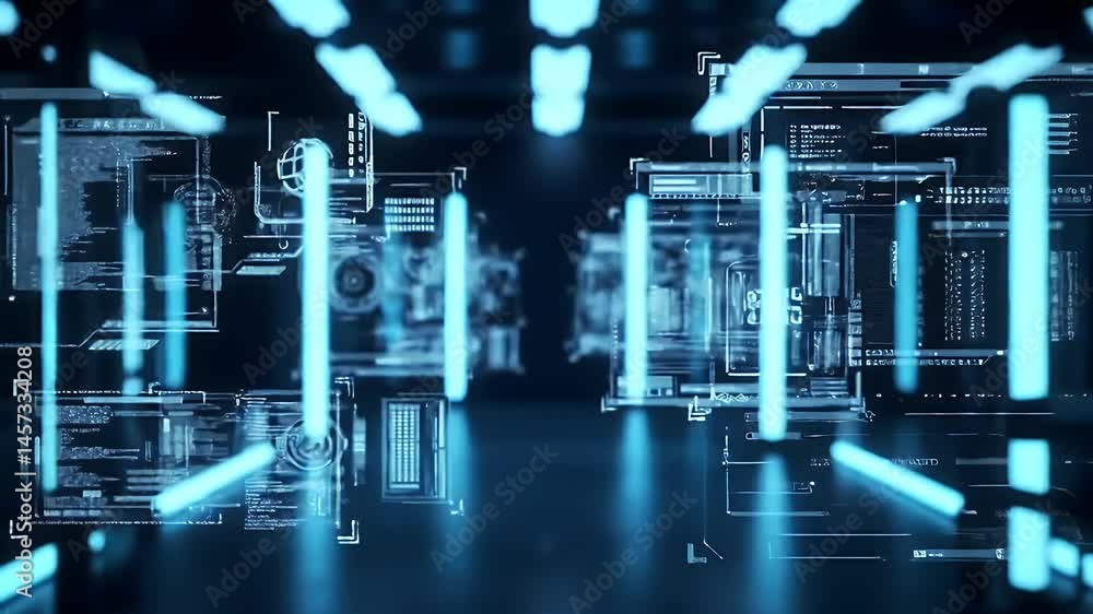 Poster navigating digital interface in a futuristic corridor slow motion