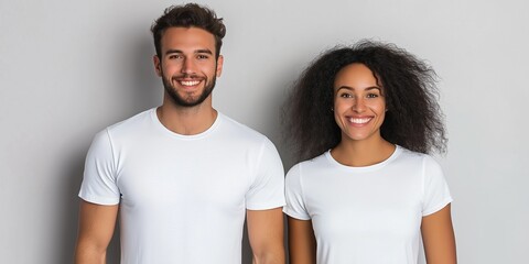 Obraz premium A man and a woman are smiling for the camera. They are both wearing white shirts