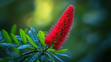 A beautiful vibrant red flower stands tall against green leaves