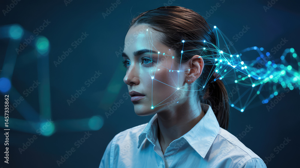 Aufkleber digital insight: a futuristic woman profile is immersed in a web of intricate digital data, symboliz