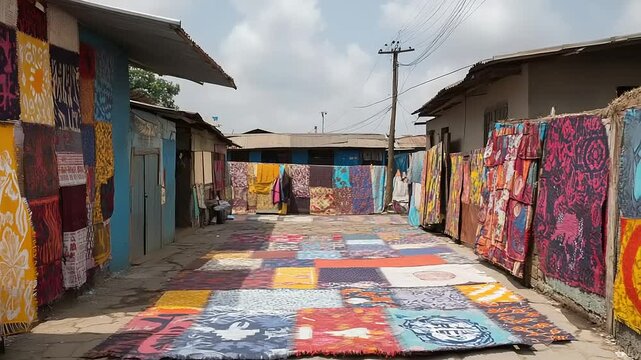 Vibrant textile market scene with colorful fabrics displayed on walls and ground, showcasing local craftsmanship