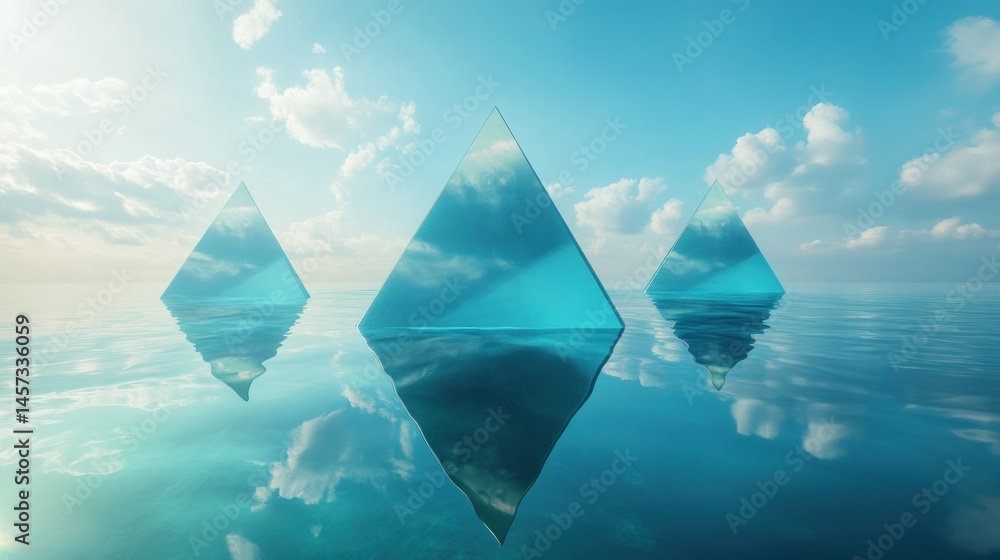 Poster three transparent pyramid structures floating on the calm ocean water