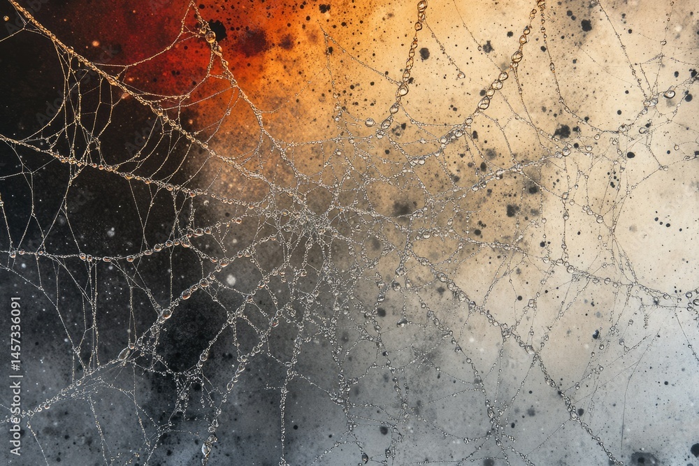 Poster dew-covered spiderweb stretches across a textured, orange and grey background, creating a mesmerizin